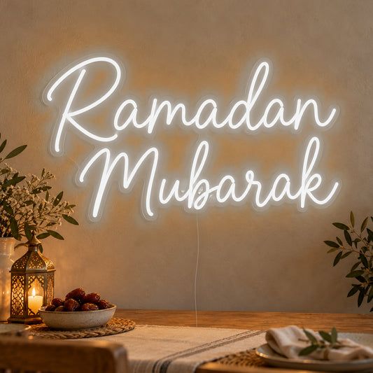 Ramadan Mubarak Neon Sign in white LED neon on clear acrylic, angled view