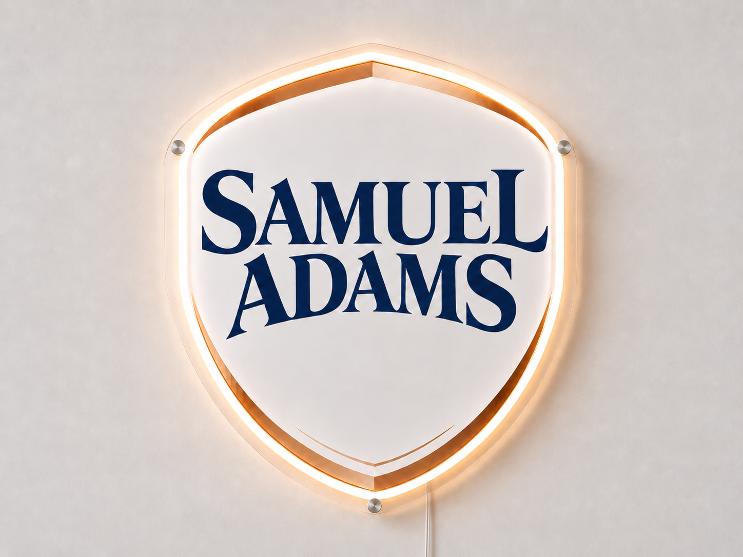 Samuel Adams LED neon sign with shield logo glowing warm white