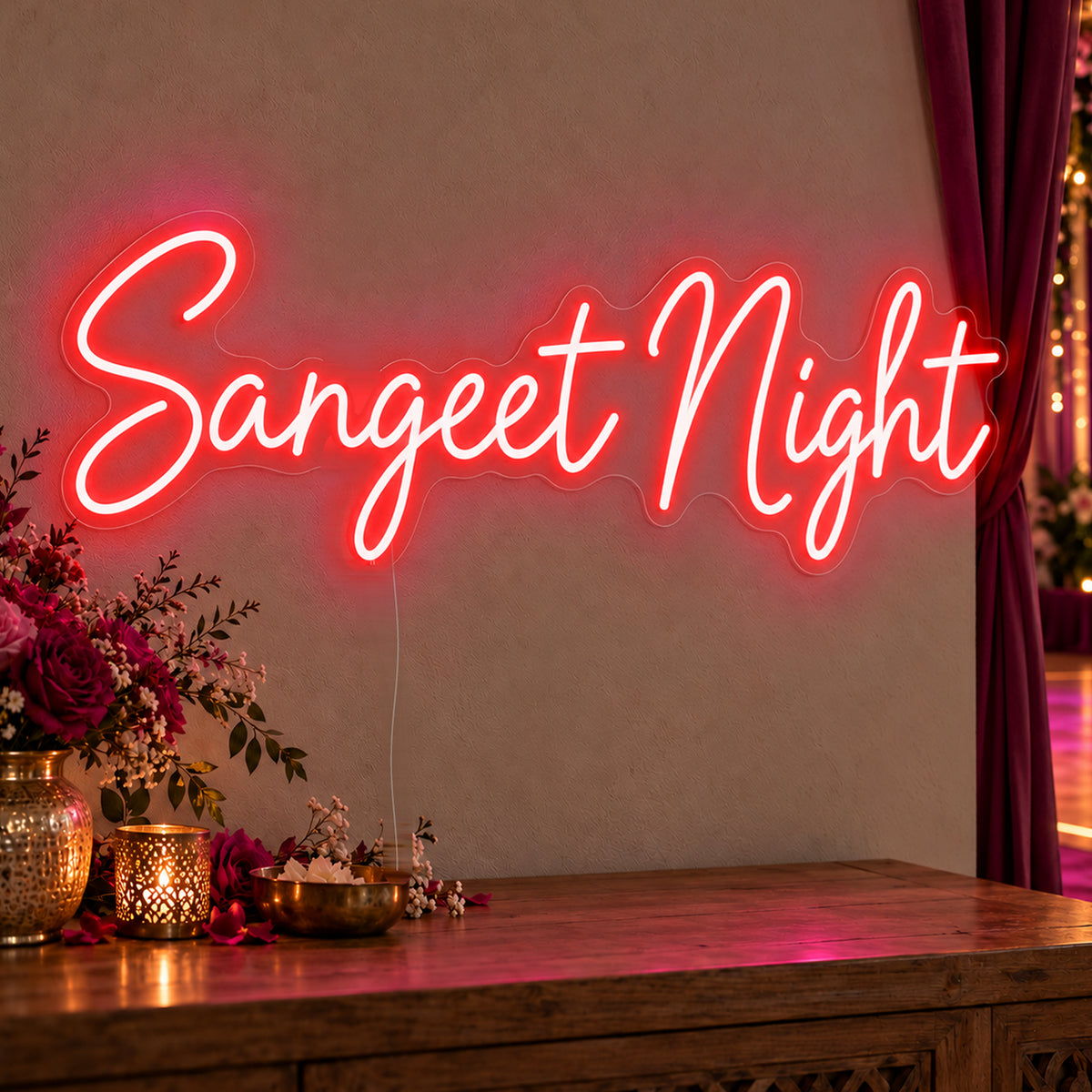 Sangeet Night Neon Sign in red LED neon on clear acrylic, angled view