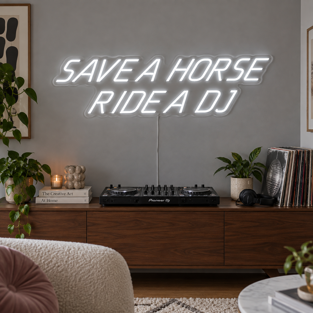 Save A Horse Ride A DJ Neon Sign in white above a turntable on a wooden sideboard.