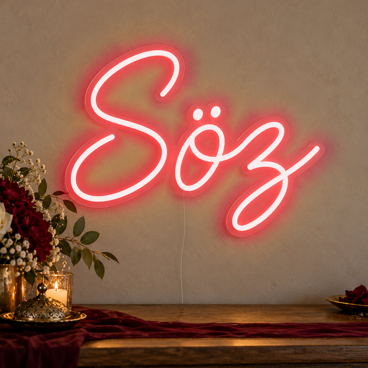 Söz Neon Sign in red LED neon on clear acrylic, angled view