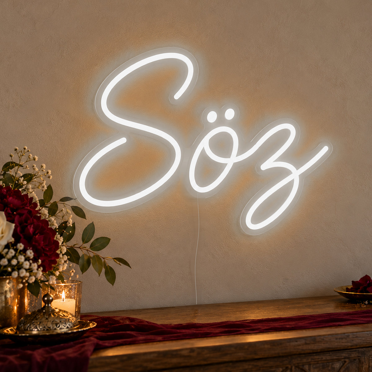 Söz Neon Sign in white LED neon on clear acrylic, angled view