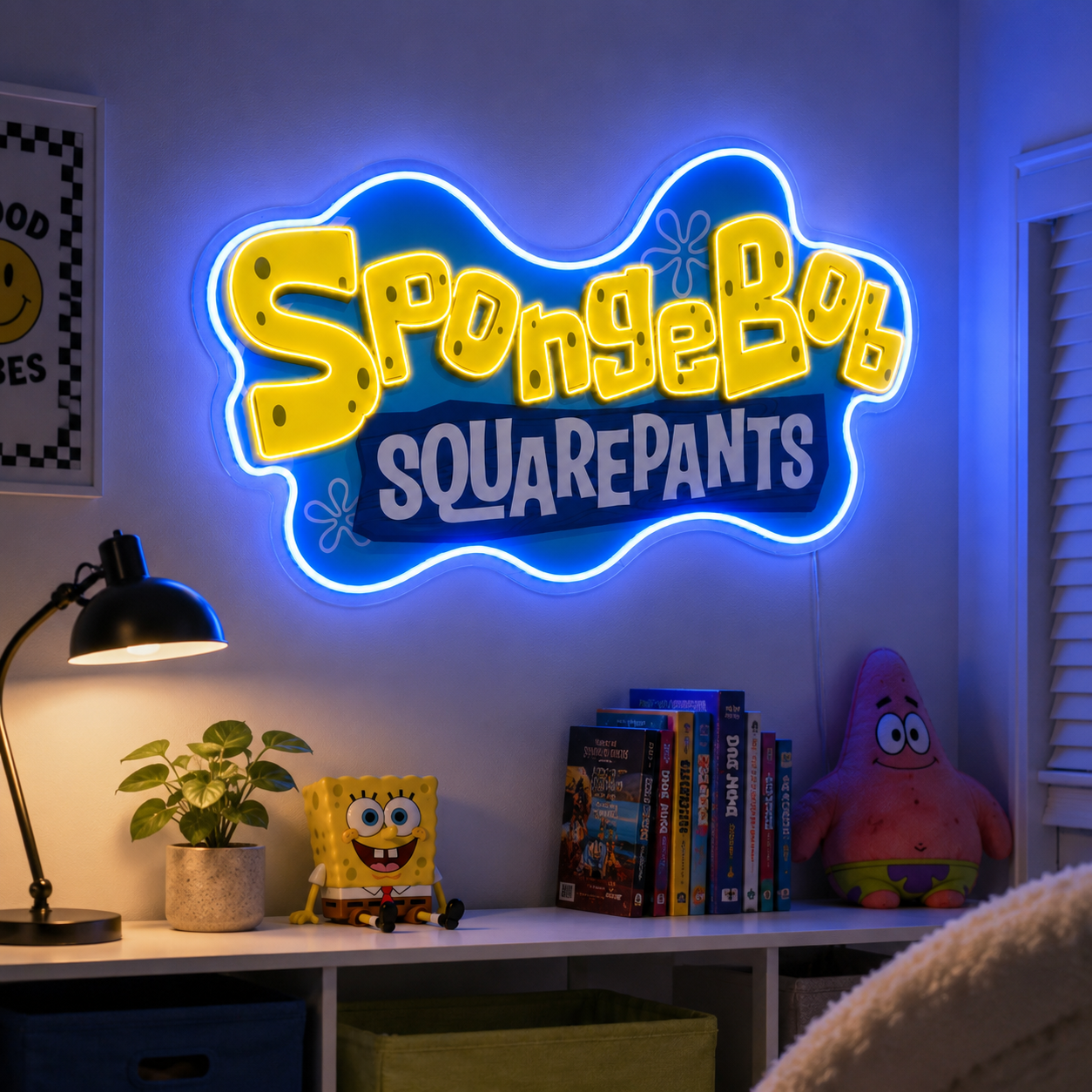 SpongeBob SquarePants LED neon sign glowing above a desk in a kids bedroom