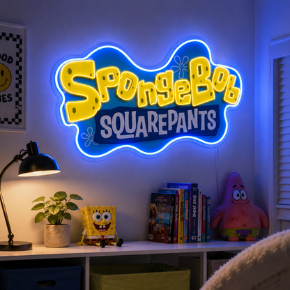 SpongeBob SquarePants LED neon sign glowing above a desk in a kids bedroom