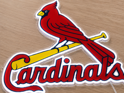Close-up detail of St. Louis Cardinals LED neon sign with backlit acrylic finish