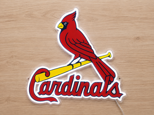 St. Louis Cardinals LED neon sign with cardinal and bat logo glowing on a timber wall