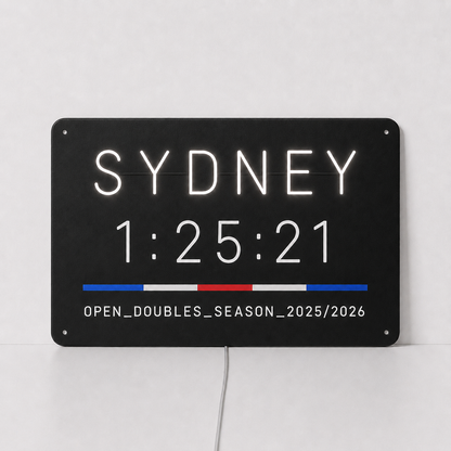 Custom hybrid race finish time LED neon sign shown with Sydney, a personalised finish time and a division and season line in white neon on black acrylic