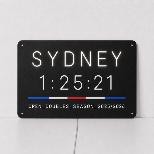 Sydney hybrid race finish time LED neon sign in white neon on a black acrylic panel, with a personalised finish time and division and season line