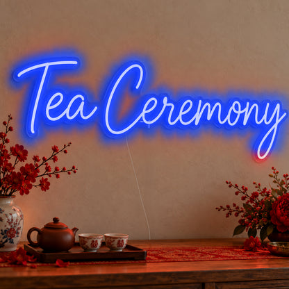 Tea Ceremony Neon Sign in blue LED neon on clear acrylic, angled view