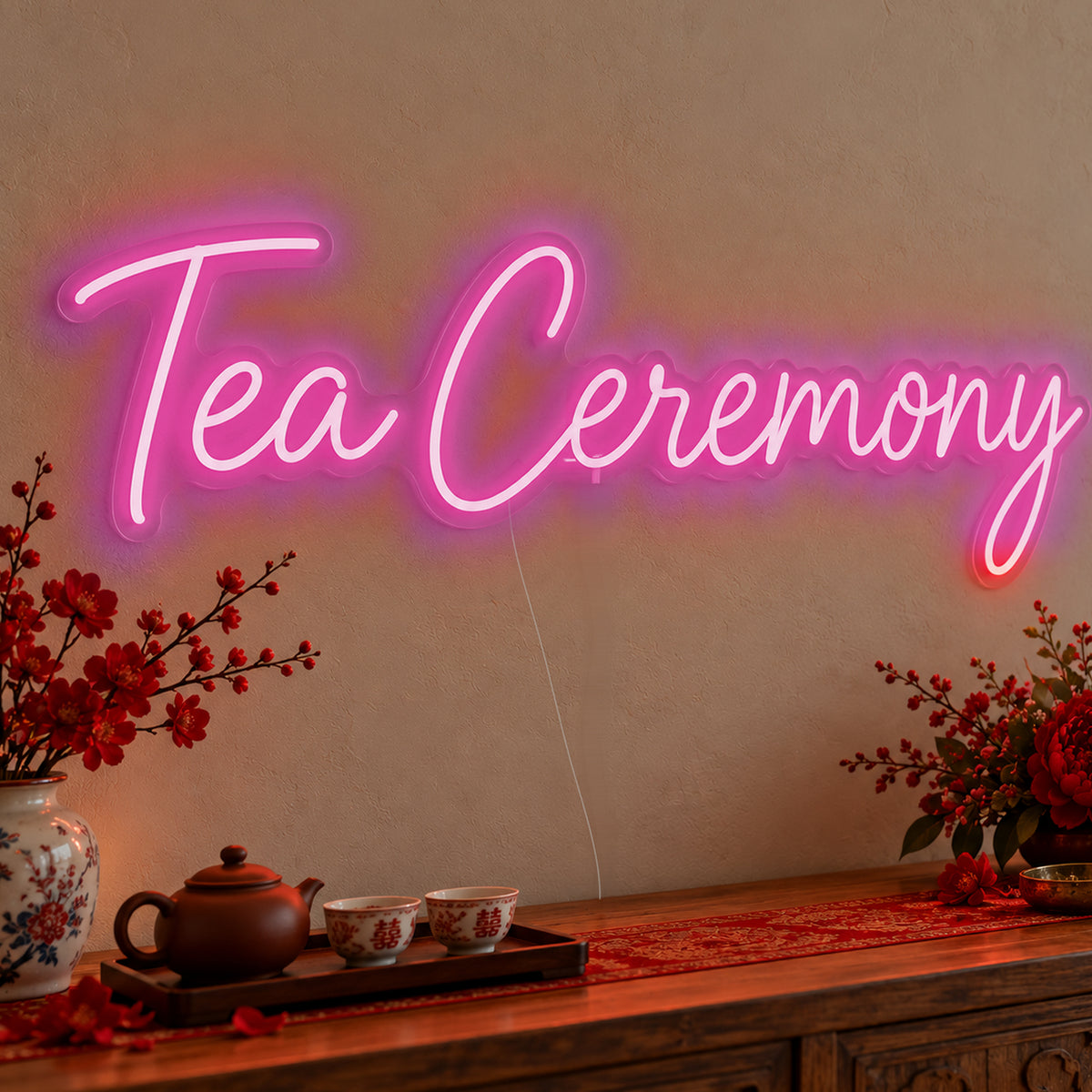 Tea Ceremony Neon Sign in pink LED neon on clear acrylic, angled view