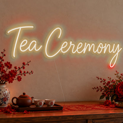 Tea Ceremony Neon Sign in warm white LED neon on clear acrylic, angled view