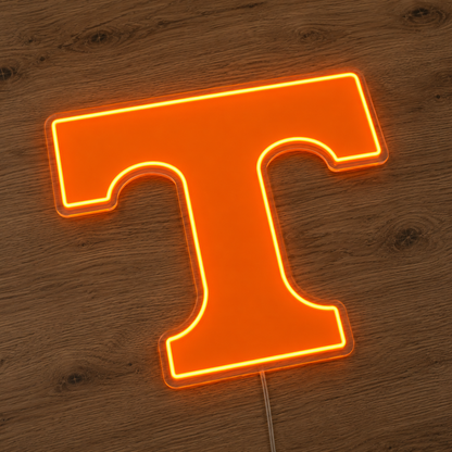 Close up of the Tennessee Volunteers Power T LED neon sign lit in Vol orange