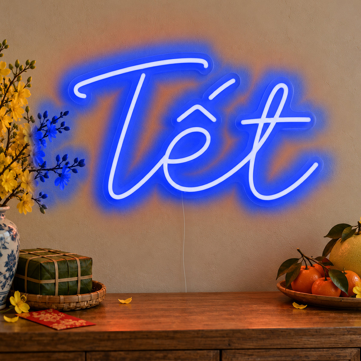 Tết Neon Sign in blue LED neon on clear acrylic, angled view