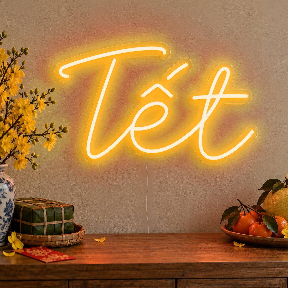 Tết Neon Sign in gold LED neon on clear acrylic, angled view