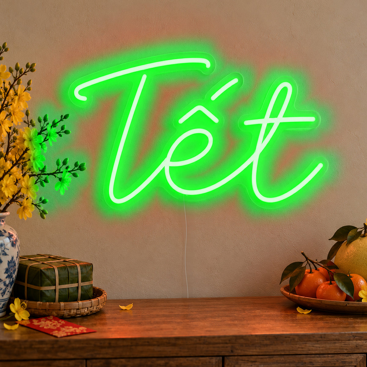 Tết Neon Sign in green LED neon on clear acrylic, angled view