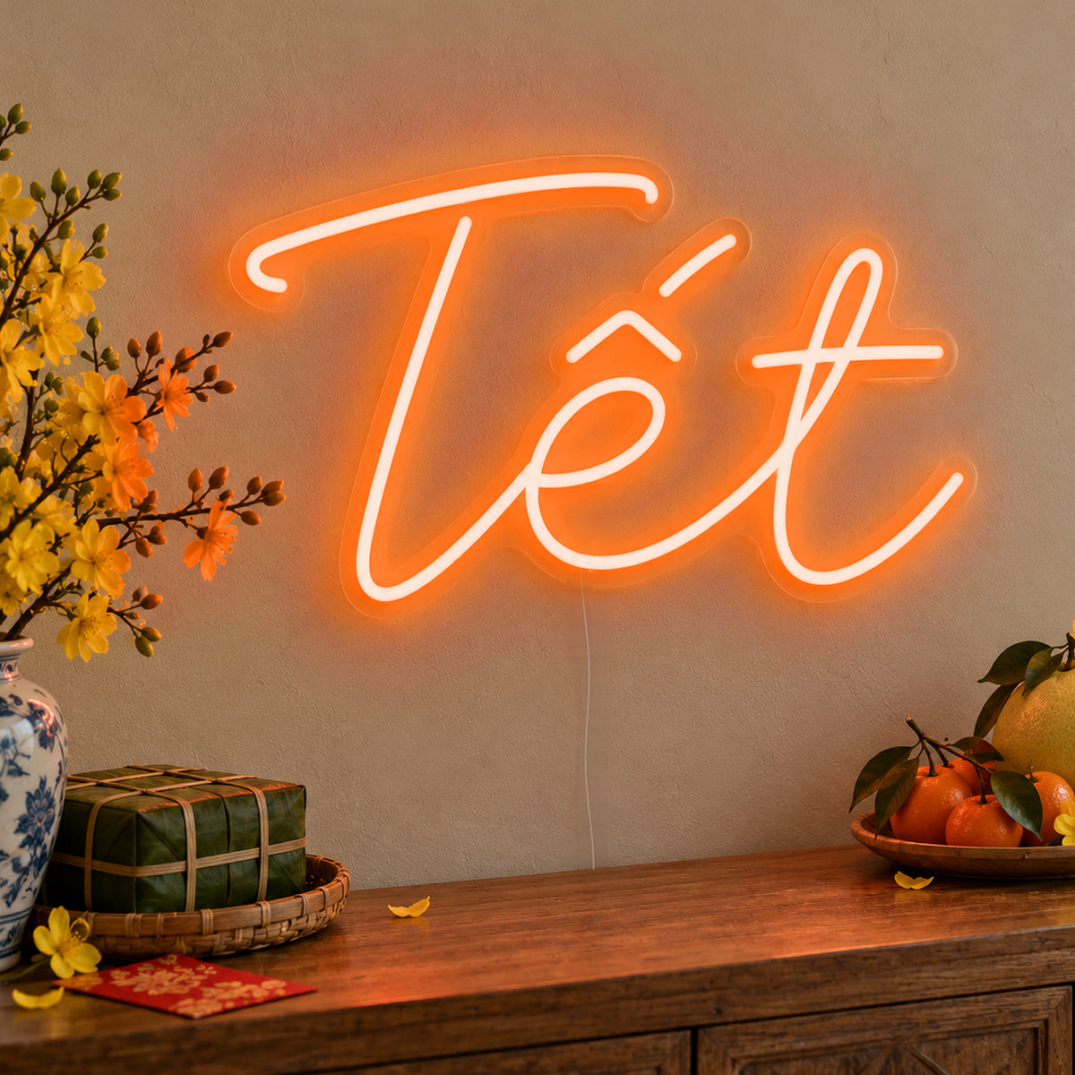 Tết Neon Sign in orange LED neon on clear acrylic, angled view