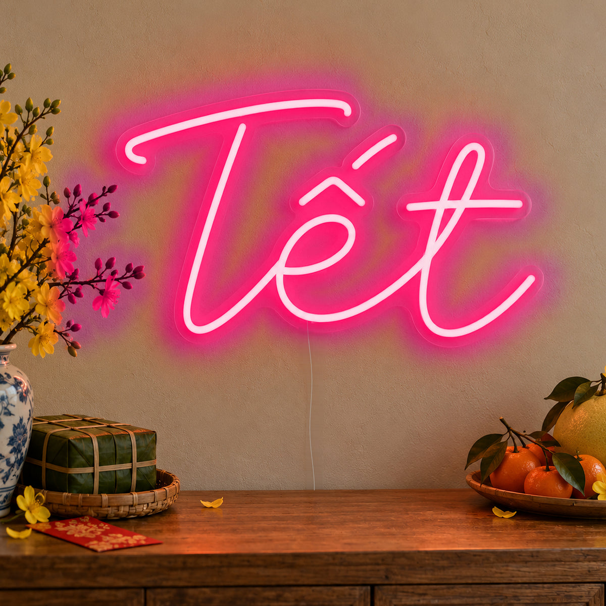 Tết Neon Sign in rose red LED neon on clear acrylic, angled view