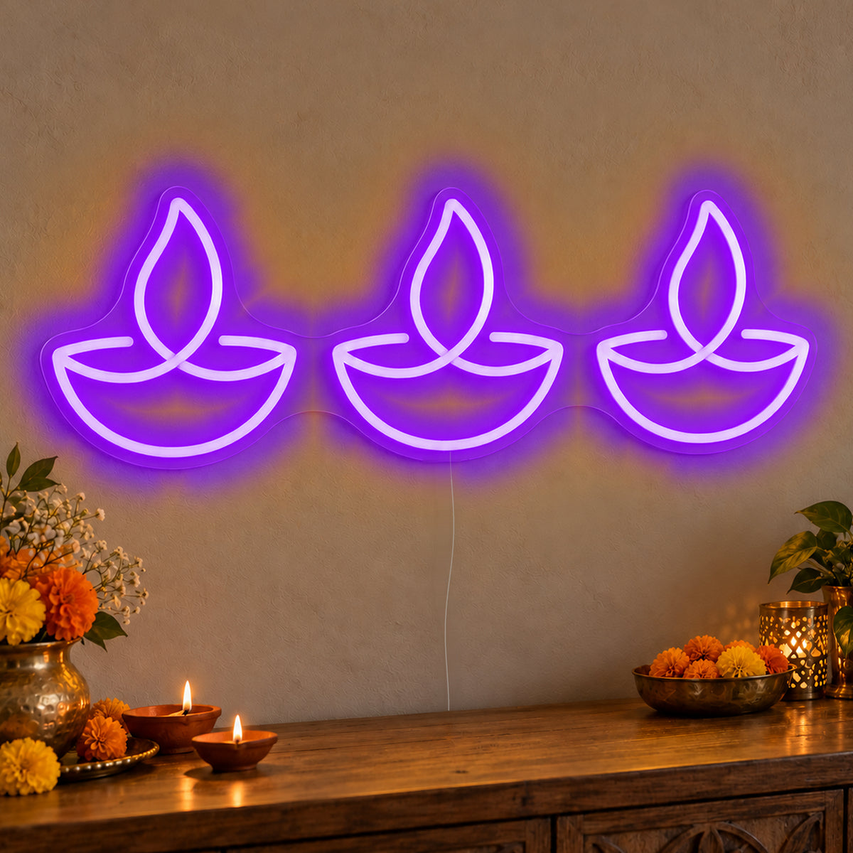 Three Diyas Neon Sign in purple LED neon on clear acrylic, angled view