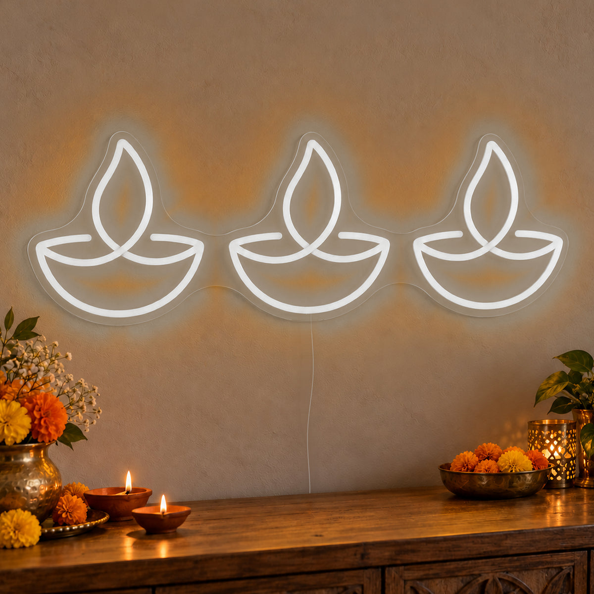 Three Diyas Neon Sign in white LED neon on clear acrylic, angled view