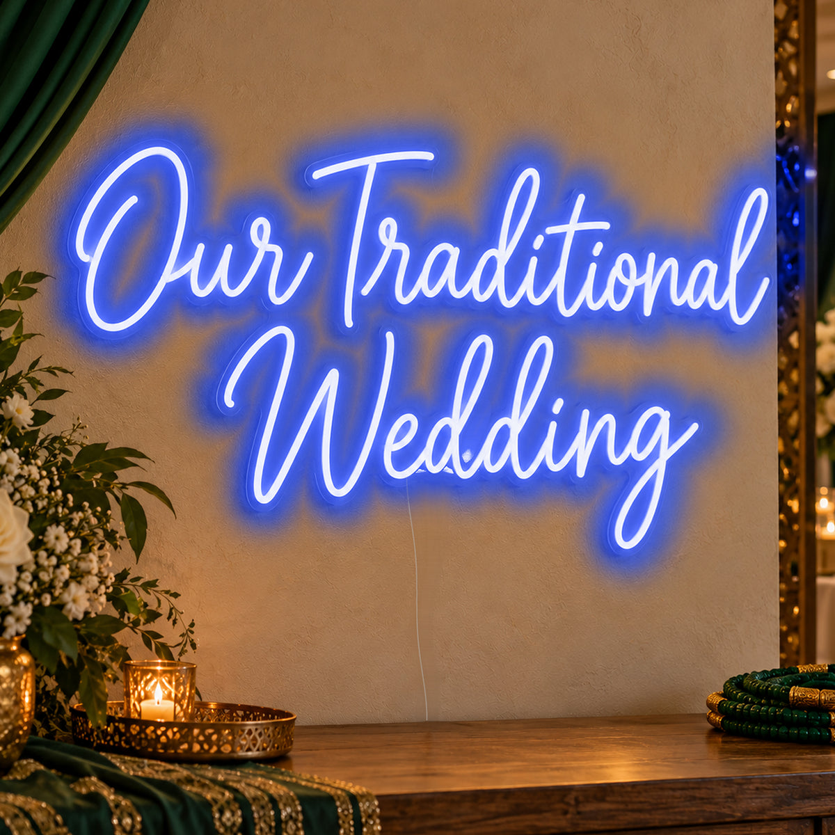 Traditional Wedding Neon Sign in blue LED neon on clear acrylic, angled view