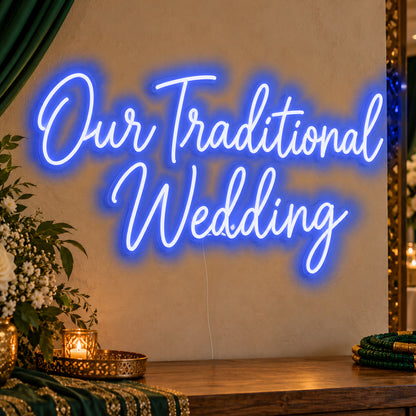 Traditional Wedding Neon Sign in blue LED neon on clear acrylic, angled view