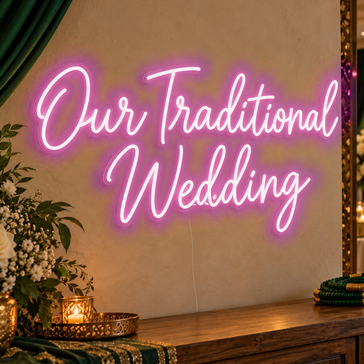 Traditional Wedding Neon Sign in pink LED neon on clear acrylic, angled view