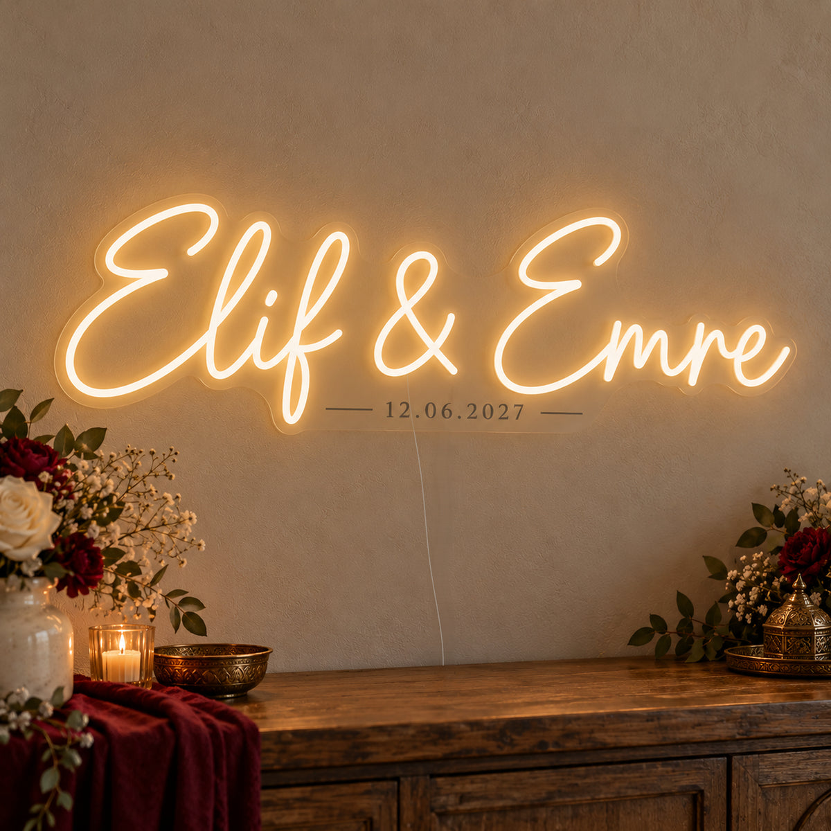 Personalised Turkish Names Date Neon Sign on clear cut-to-shape acrylic in an illuminated wall display; example personalisation shown.