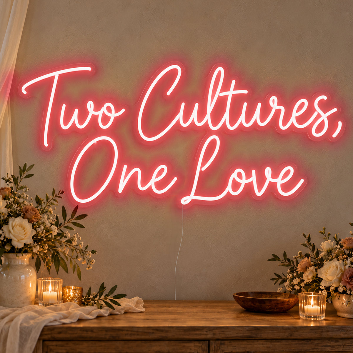 Two Cultures One Love Neon Sign in red LED neon on clear acrylic, angled view