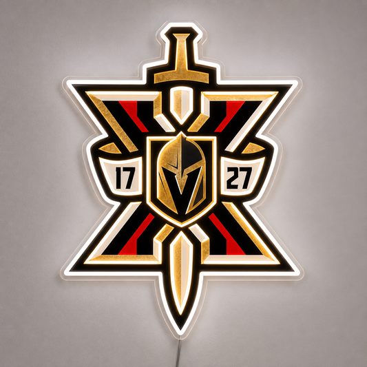 Vegas Golden Knights crest LED neon sign in gold black and red on a grey wall
