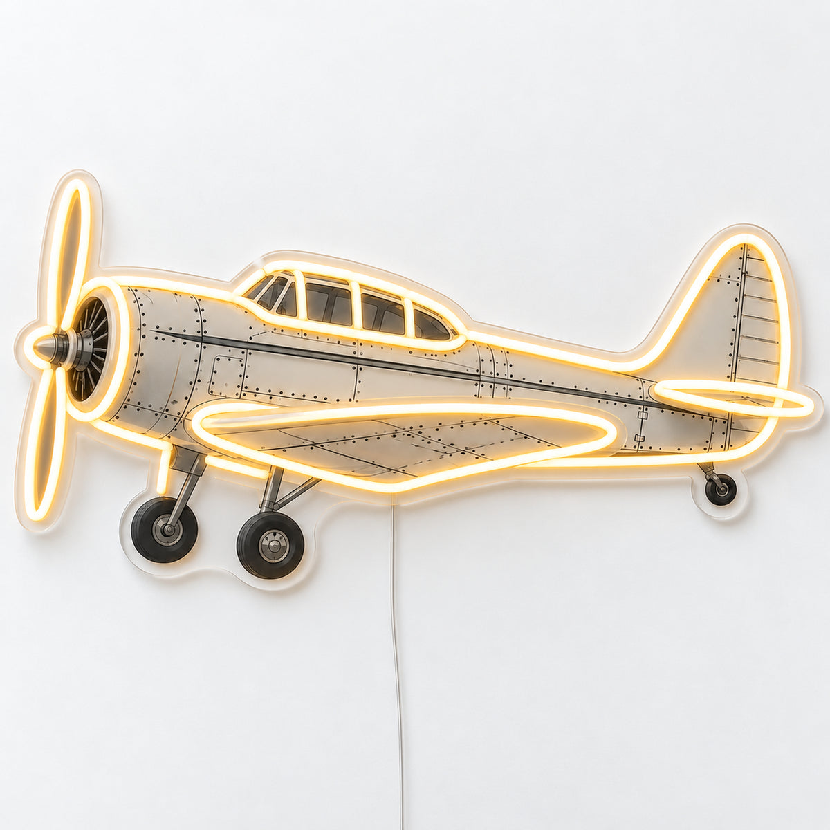 Vintage Propeller Aircraft Neon Sign, featuring a vintage propeller aircraft with printed fuselage details, on a single clear acrylic backing displayed on a white surface.
