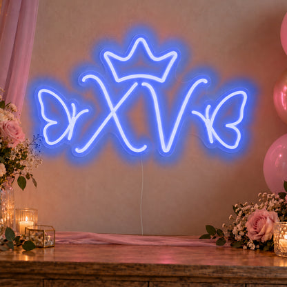 Xv Crown Butterflies Neon Sign in blue LED neon on clear acrylic, angled view