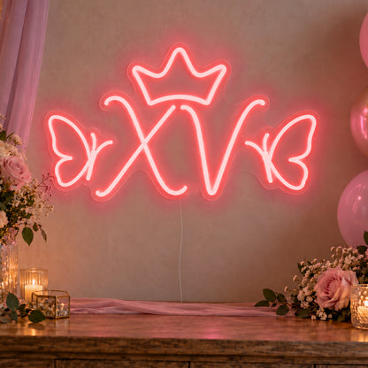 Xv Crown Butterflies Neon Sign in red LED neon on clear acrylic, angled view