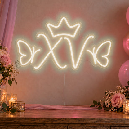 Xv Crown Butterflies Neon Sign in warm white LED neon on clear acrylic, angled view